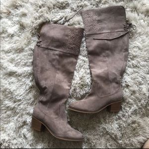 Coachella Taupe Suede Embroidered Knee High Boots